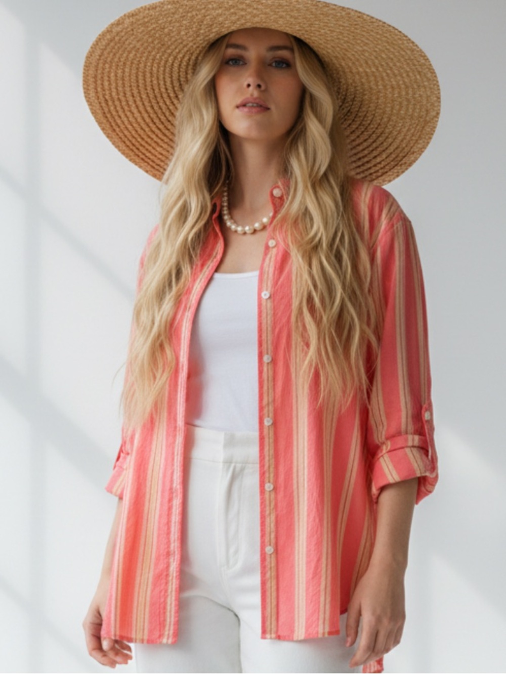VINTAGE-Claiborne Coral Stripe Button-Front Shirt - Women